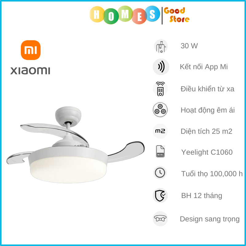 Quạt Trần Thông Minh XIAOMI Yeelight C1060 Kiêm Đèn LED, Nhiều Chế Độ Màu, Kết Nối App Mihome, Phù Hợp Không Gian 20-25 m2, Công Suất 30 W - Hàng Chính Hãng