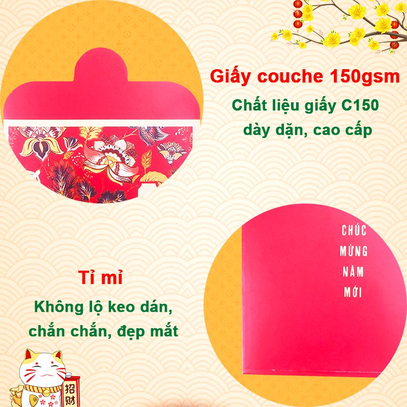 Bao lì xì Tết dày dặn họa tiết in sắc nét Baby-S, Set 10 bao lì xì Giáp Thìn 2024 cao cấp – SLX005