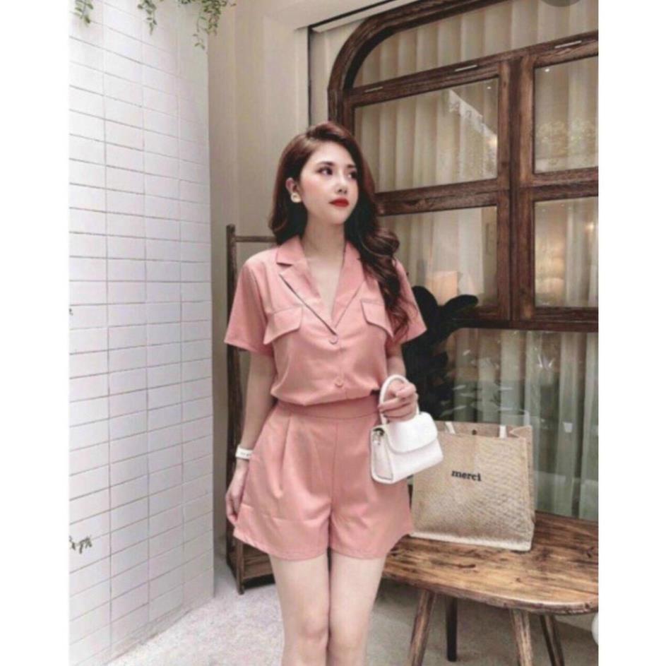 TSL- set bộ vest đùi, áo tay ngắn cổ sơ mi có túi giả kèm quần đùi vải for (nude, đen, hồng) thời trang công sở TASA