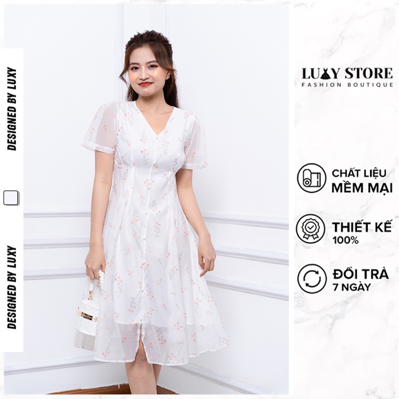 Đầm hoa nhí LUXY V30236 dáng xòe cổ tym, xẻ tà trước style tiểu thư tinh tế