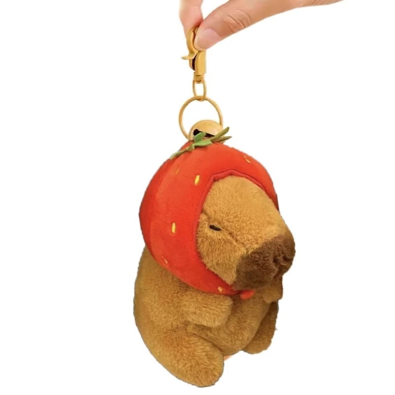 Móc khoá Capybara 12 cm vô tri hài hước, thú nhồi bông chuột lang nhiều mẫu mã đeo balo, đội mũ dâu, gấu bông Capybara có tóc Hồng Nâu