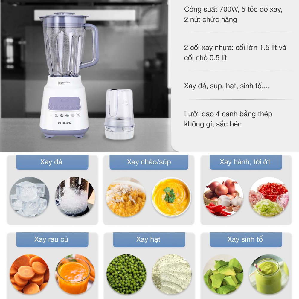 Máy xay sinh tố đa năng Philips HR2221/00 công suất 700W, xuất xứ Indonesia - Hàng chính hãng