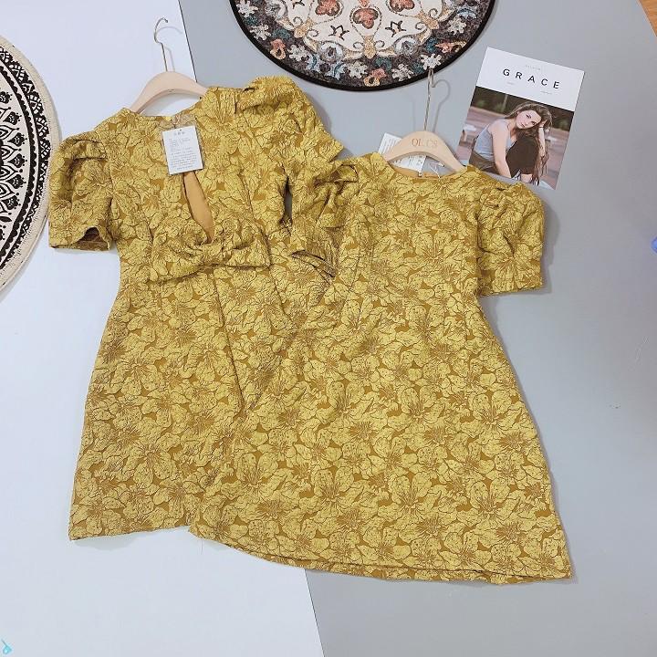 Đầm gấm hoa vàng xoè DN308