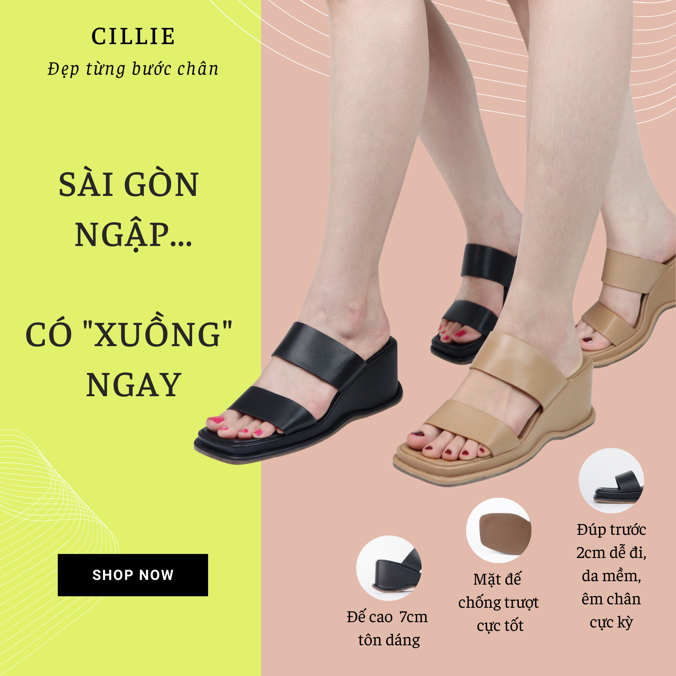 Dép nữ đế xuồng cao cấp quai ngang 7cm êm chân hottrend 2021 Cillie 1057