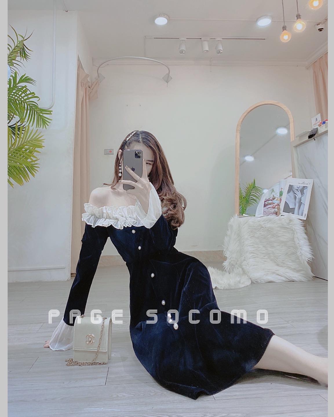 Váy đầm nhung trễ vai bèo dáng dài Socomo V1132022