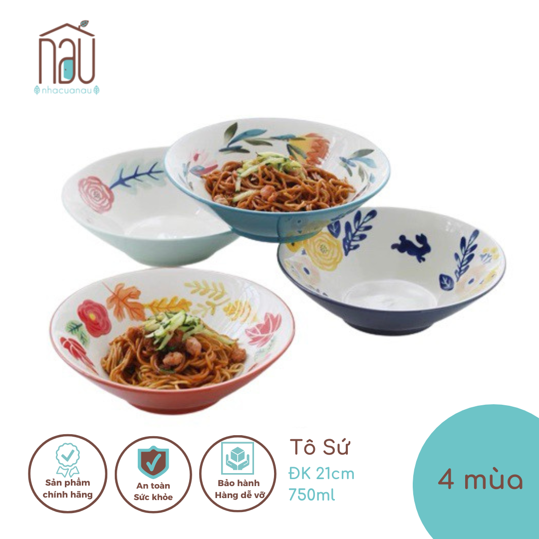 Bát Tô Sứ ăn mì họa tiết Hoa Lá Bốn Mùa dáng tô loe cho mì ramen, bún, phở có thể kết hợp 4 tô làm quà tặng Tân Gia