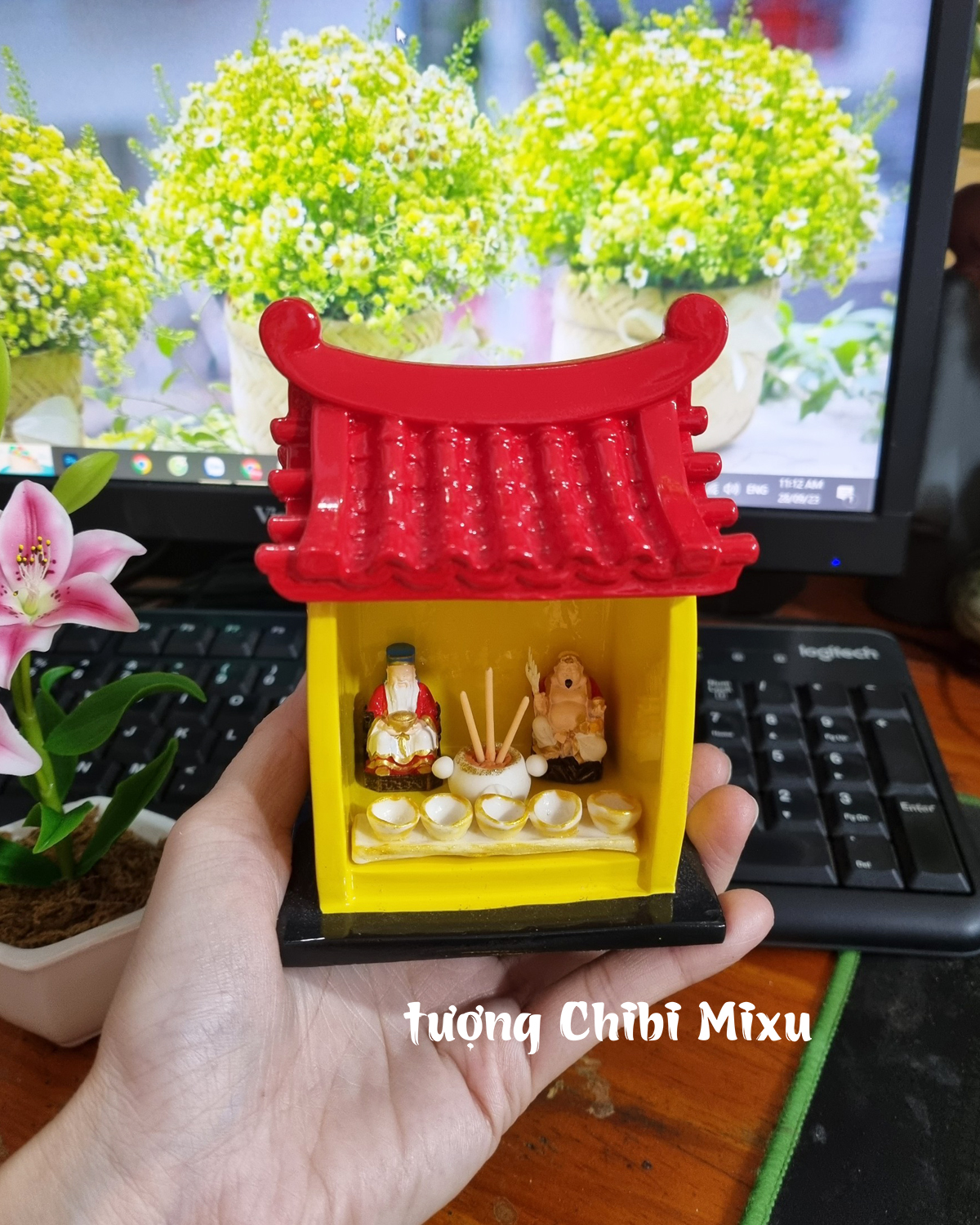 Miếu Thần Tài Thổ Địa 349K (Miếu size đại + 02 tượng 3cm + lư hương và chung cúng đất.sét) Giàu có Quà tặng Đồ trang trí