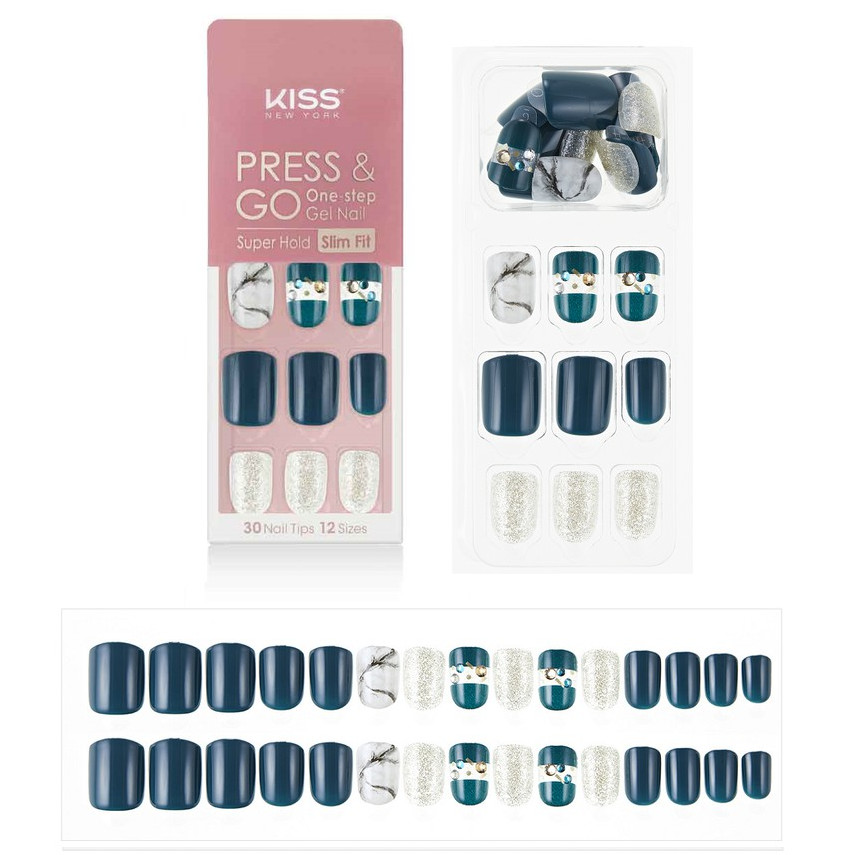 Bộ 30 Móng Tay Gel Tự Dán Press &amp; Go Kiss New York Nail Box - Deep Green Marble (KPNS22K)