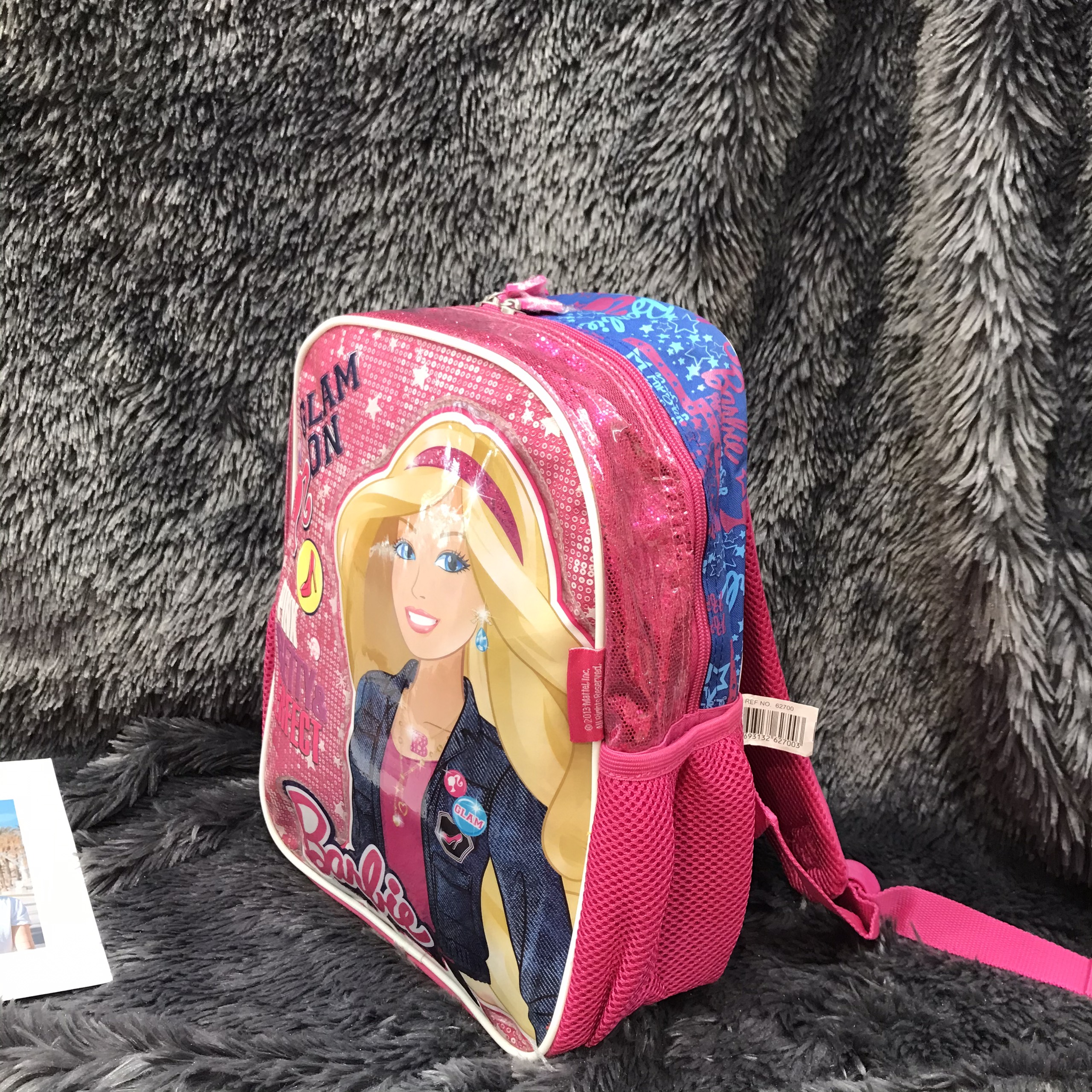 Balo trẻ em 12'' cao cấp hình Barbie hồng viền xanh lấp lánh - BLBBHVX12 -
