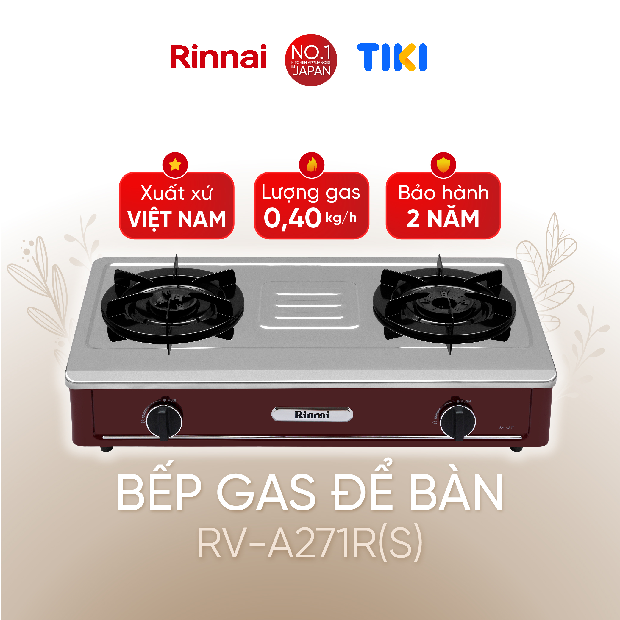 Bếp gas dương Rinnai RV-A271R(S) mặt bếp inox và kiềng bếp men - Hàng chính hãng.