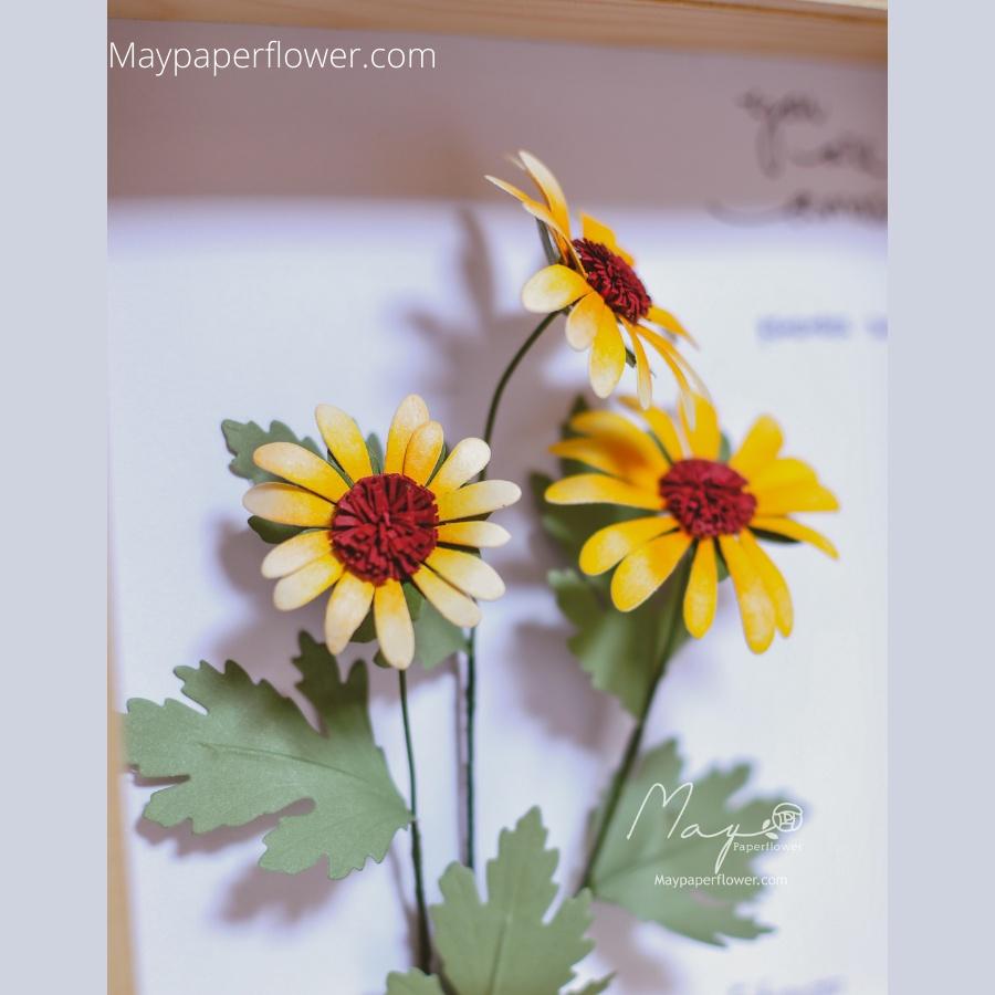 Tranh Hoa Giấy Handmade Trang Trí - Cúc Mỹ Echinacea Vàng MAYPAPERFLOWER Khung Gỗ Size 19x19cm