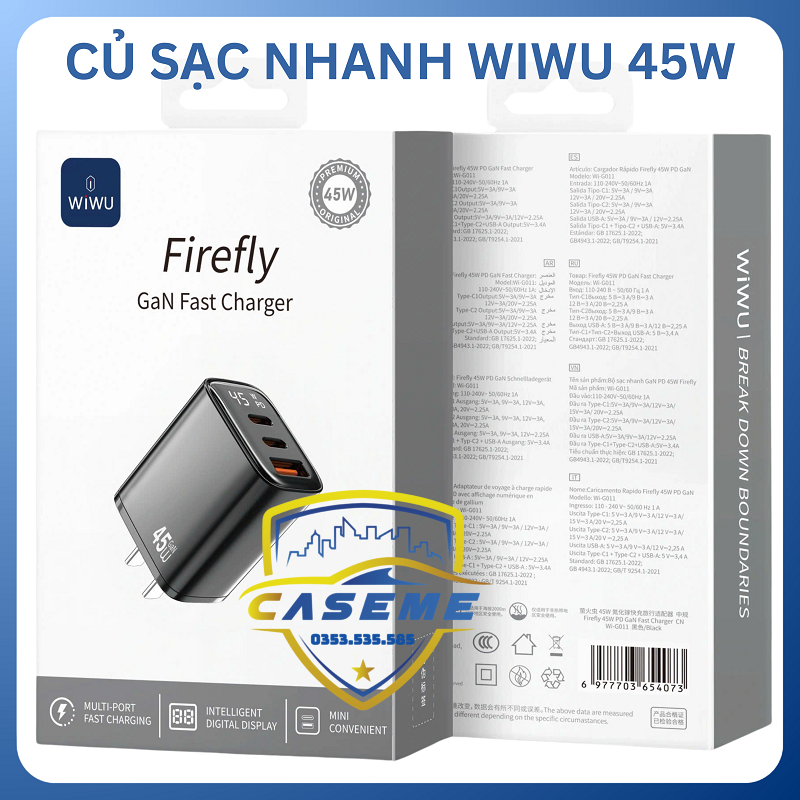 Củ Sạc Nhanh Firefly 45W PD GaN Wi-G011 - Hàng Chính Hãng