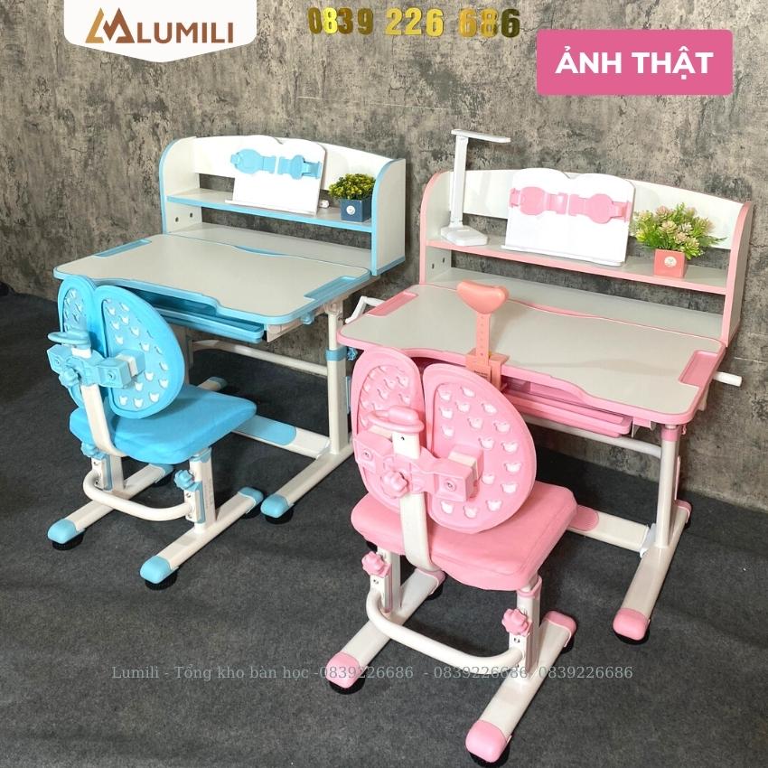 Bàn ghế học sinh Lumili P9 cao cấp có giá sách chống gù chống cận, bàn học thông minh kèm kệ sách phù hợp cho học sinh