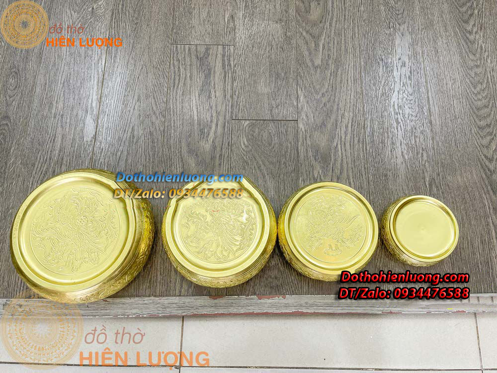 Cơi Đựng Trầu - Âu Trầu Hoa Văn Màu Vàng Bằng Đồng Nguyên Chất Các Cỡ - Đồ Thờ Hiên Lượng