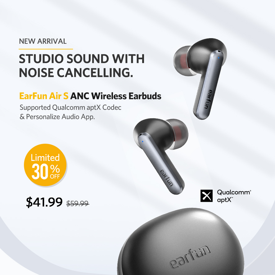 Tai nghe True Wireless EarFun Air S - Chống ồn chủ động ANC, Chip Qualcomm QCC3046, Bluetooth 5.2, CODEC apt-X, Microphone chống ồn cVc 8.0, Hỗ trợ chơi Game, Sạc không dây Qi - Hàng chính hãng