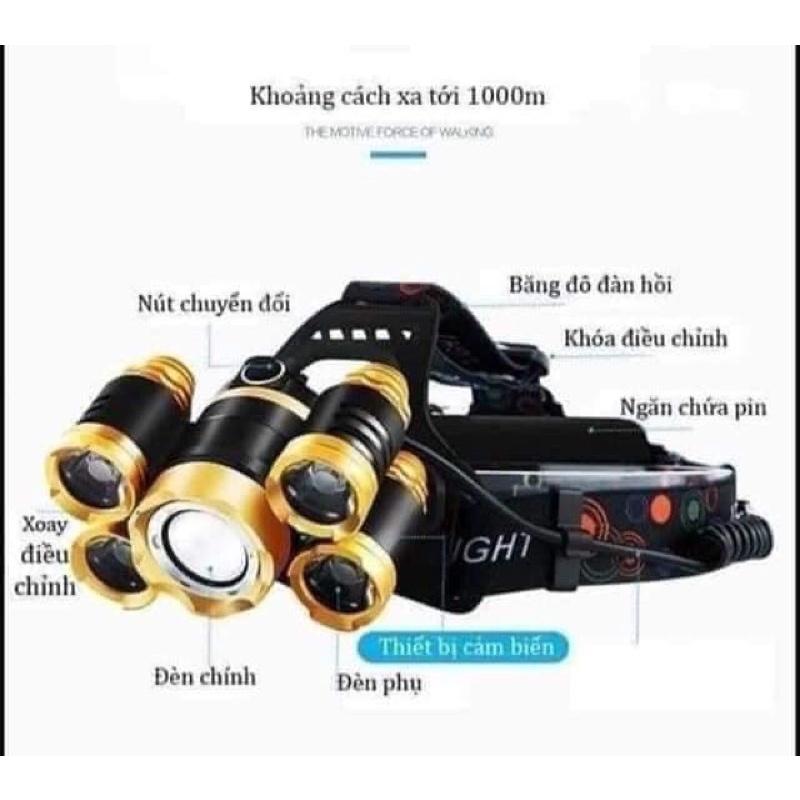 Đèn pin đội đầu đeo trán 5 bóng , đèn pin siêu sáng tích điện có dây đeo đầu chống nước tiện lợi