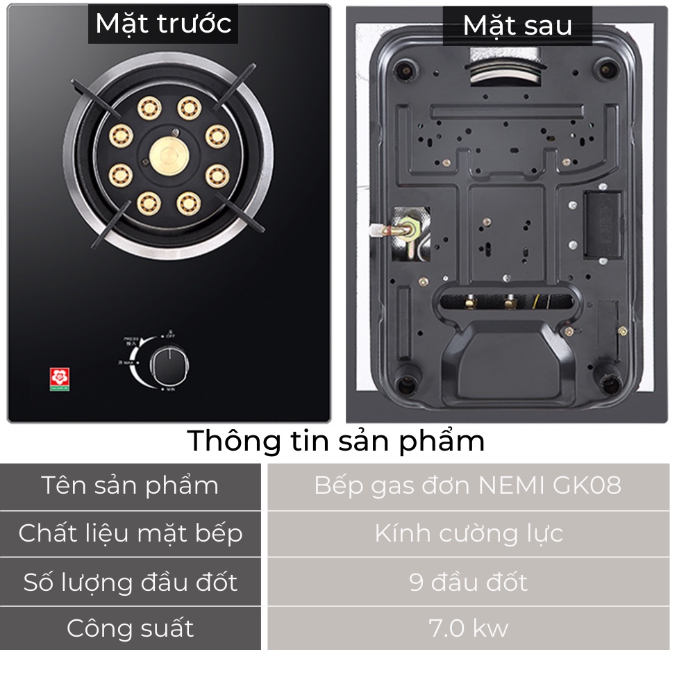 Bếp Gas Đơn NEMI GK - 68 Với 9 Đầu Đốt Lửa Công Nghiệp, Bếp Ga Mini Mặt Kính Cường Lực Phù Hợp Lắp Âm Và Dương