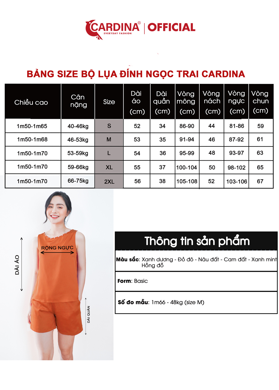 Đồ Bộ Nữ CARDINA Chất Lụa Satin Cao Cấp Quần Đùi Áo Sát Nách Cổ Đính Cúc Ngọc 2SF20