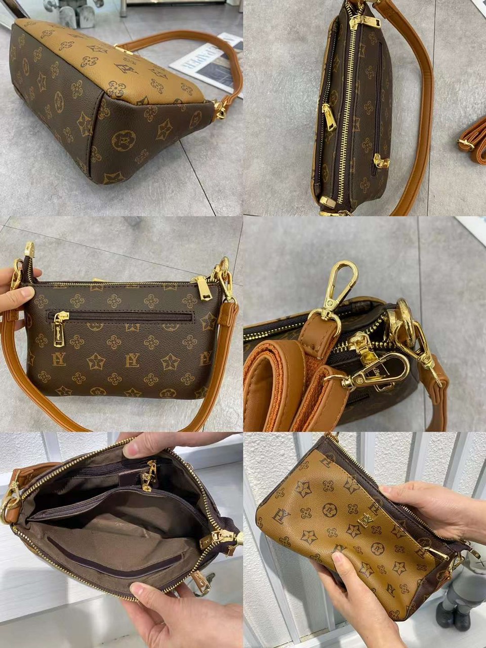 Ví clutch nữ da PU cao cấp họa tiết monogram thời trang vintage công sở nhiều ngăn tiện lợi Y2409