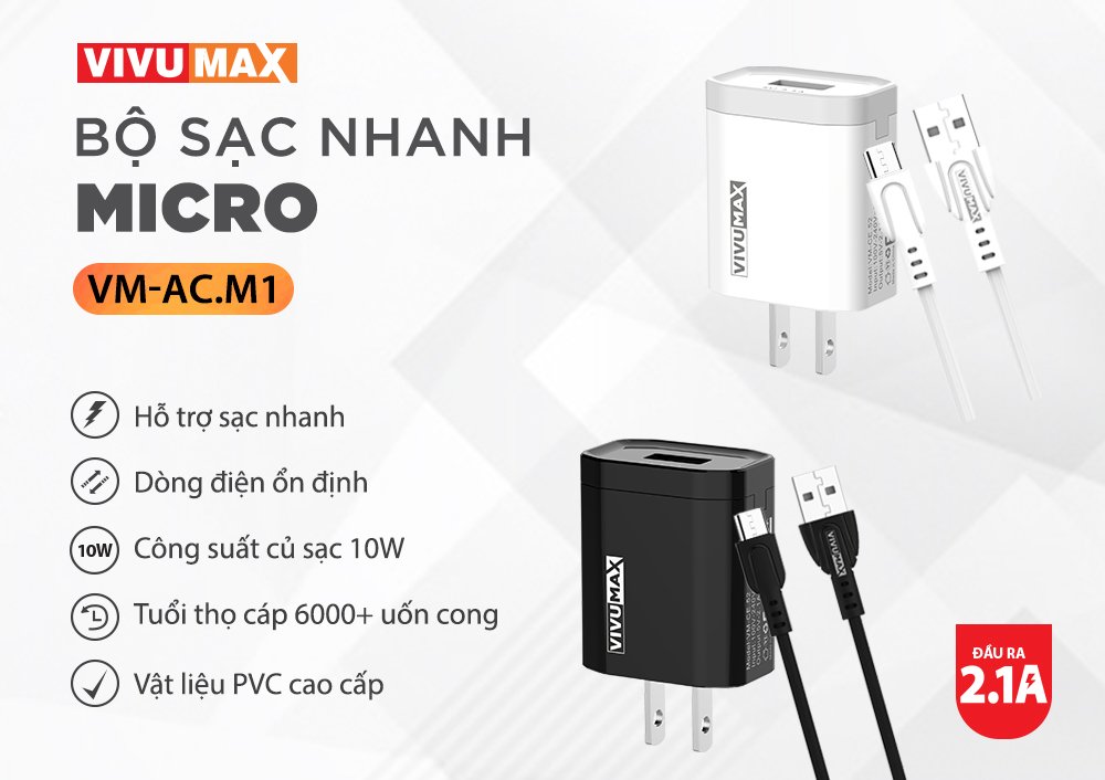 Bộ sạc và truyền dữ liệu VivuMax M1 đầu sạc Micro – Hàng Chính Hãng, Bảo Hành Chính Hãng