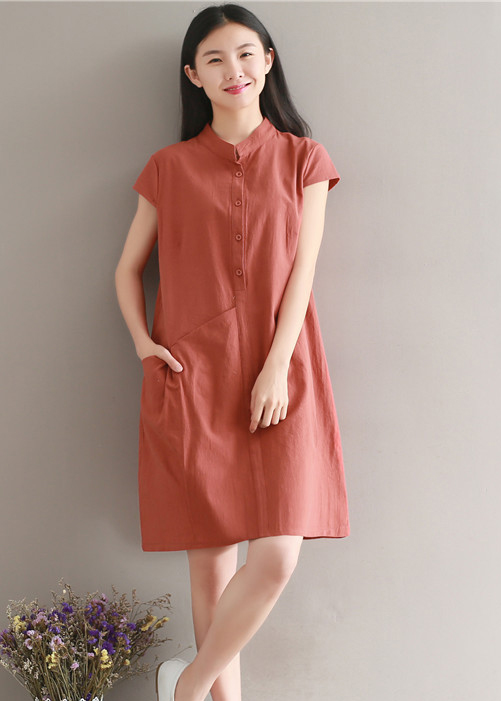 Đầm suông chất đũi cổ trụ phối túi bên hông, chất vải mềm mát thích hợp mùa hè, thời trang Hàn Quốc