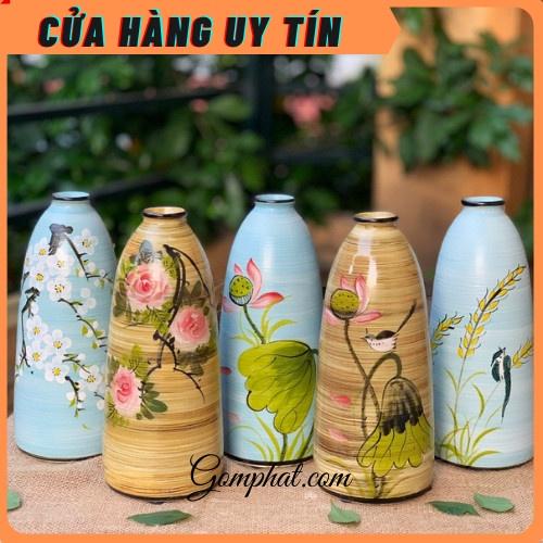 Bình hoa- lọ hoa miệng nhỏ họa tiết vẽ tay gốm mộc Bát Tràng cao cấp cao 28cm