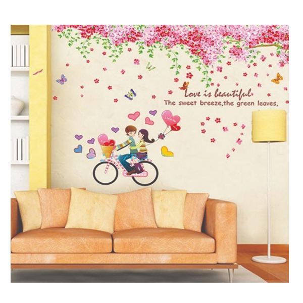 Combo Decal Dán Tường Cây Đào Hồng Và Xe Đạp Tình Nhân PK471 (250 x 230 cm)