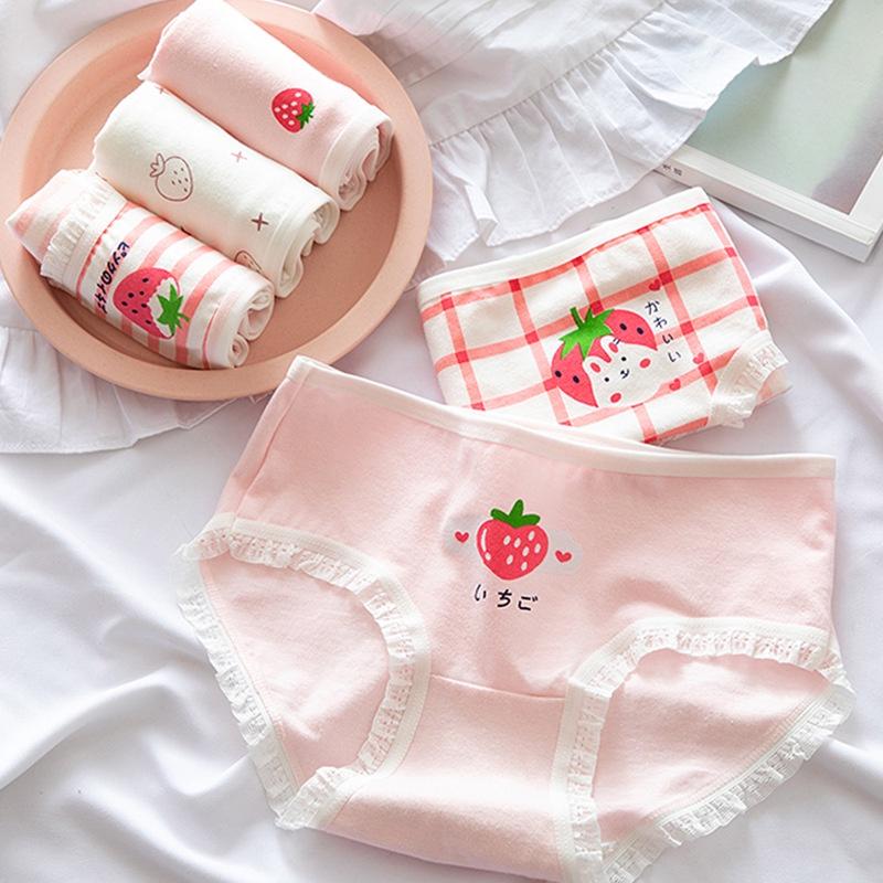 Quần Lót Nữ Cotton Kháng Khuẩn Dâu Tây Viền Ren Ngang Eo . Hàng Loại Đẹp.