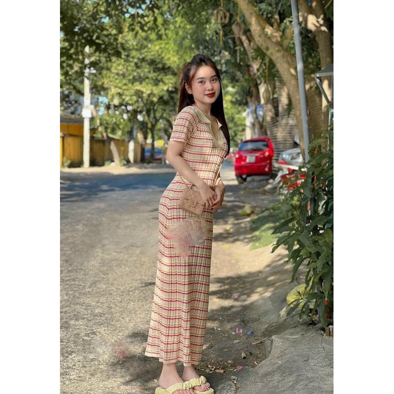 Váy maxi len kẻ ngang cổ bẻ cực hot