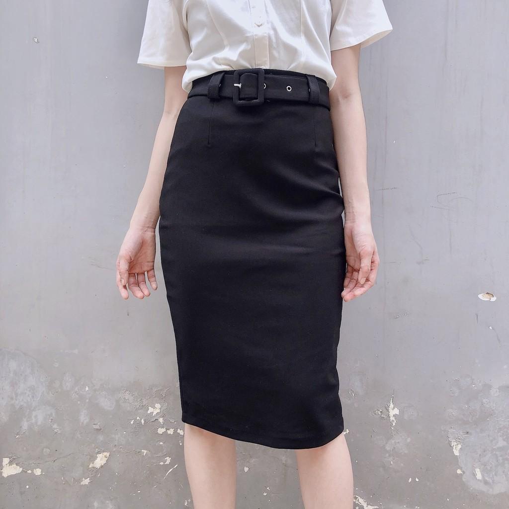 Chân váy công sở dài bigsize màu đen ôm body kèm belt dài 63cm [size từ 48kg-85kg