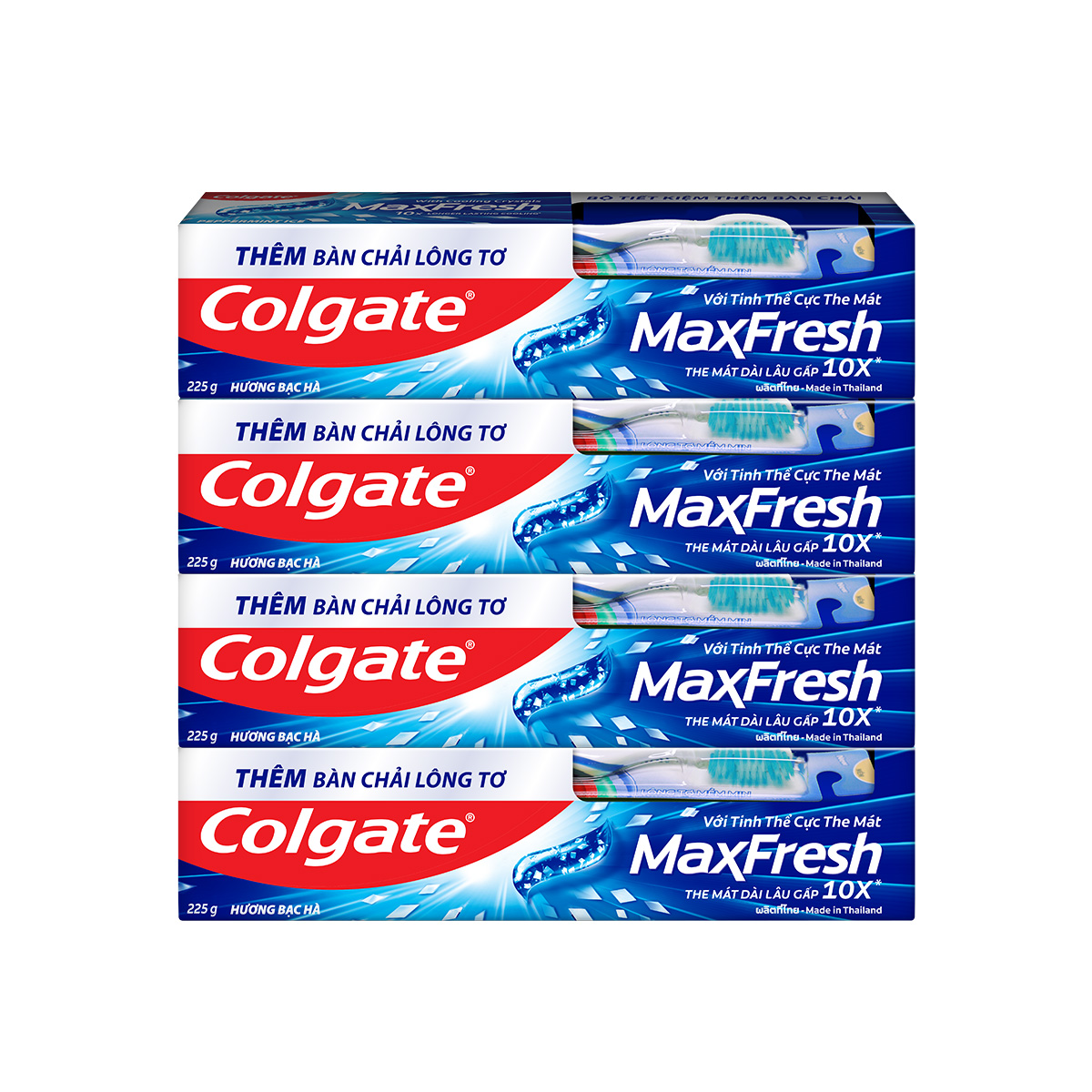 Bộ 4 Kem đánh răng Colgate bạc hà the mát Maxfresh 230g/tuýp tặng bàn chải đánh răng lông mềm