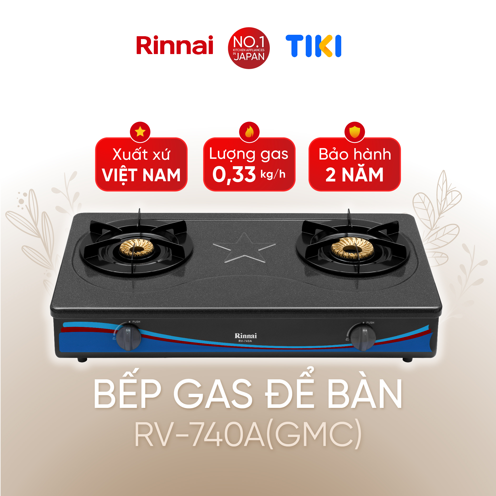 Bếp gas dương Rinnai RV-740A(GF) mặt bếp men và kiềng bếp men - Hàng chính hãng
