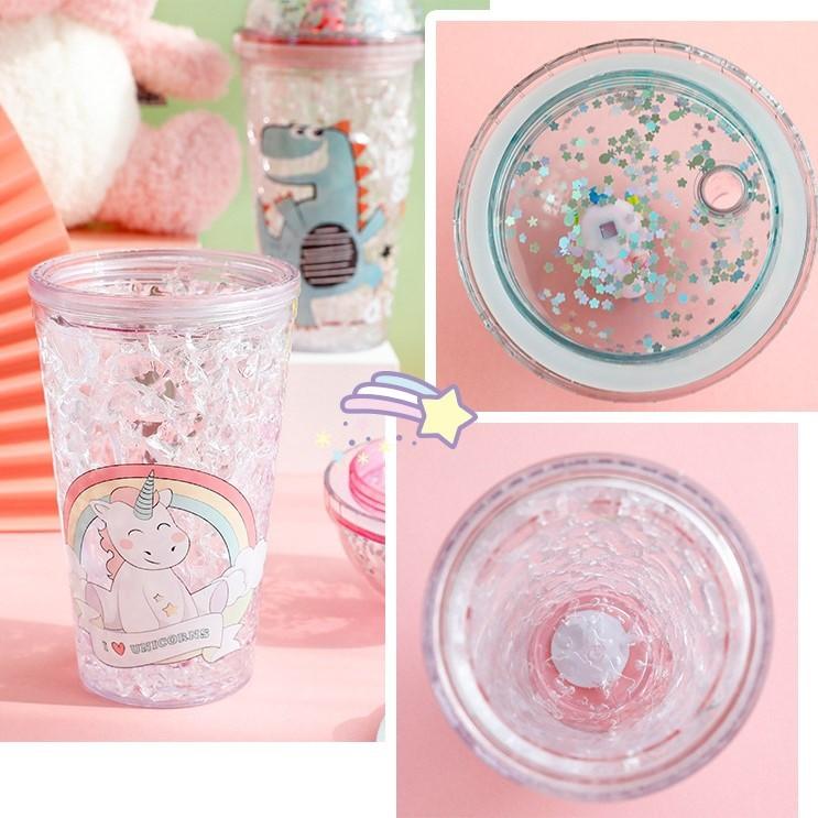 Cốc Uống Nước Cute Có Nắp Và Ống Hút 500ml, Ly Uống Nước Họa Tiết Kim Tuyến Khủng Long Dễ Thương