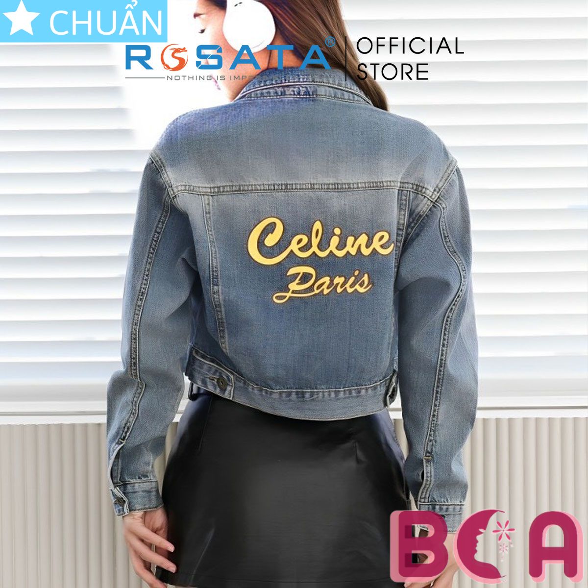 Áo khoác Jeans nữ K32 ROSATA tại BCASHOP kiểu dáng croptop lưng cá tính, sau lưng in chữ thời trang độc đáo