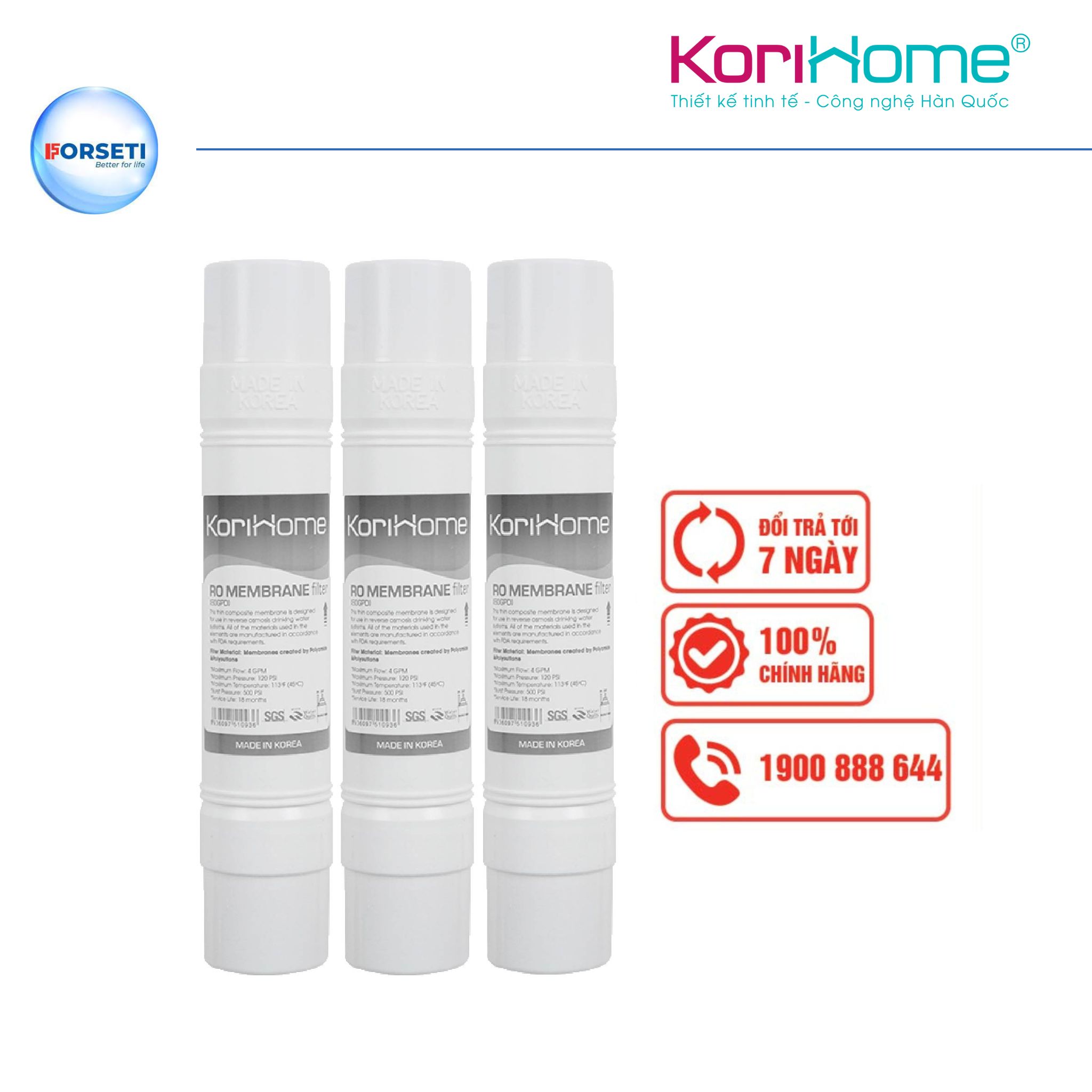 Combo 3 Màng RO Korihome Membrane 80GPD nhập khẩu Hàn Quốc công suất 15l/h dùng cho tất cả các máy Korihome - Hàng chính hãng