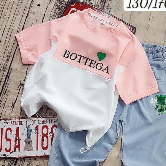 Quần áo bé gái, áo thun phối 2 màu vải và quần dài denim cho bé gái phong cách hip hop từ 25-50kg hàng Quảng Châu