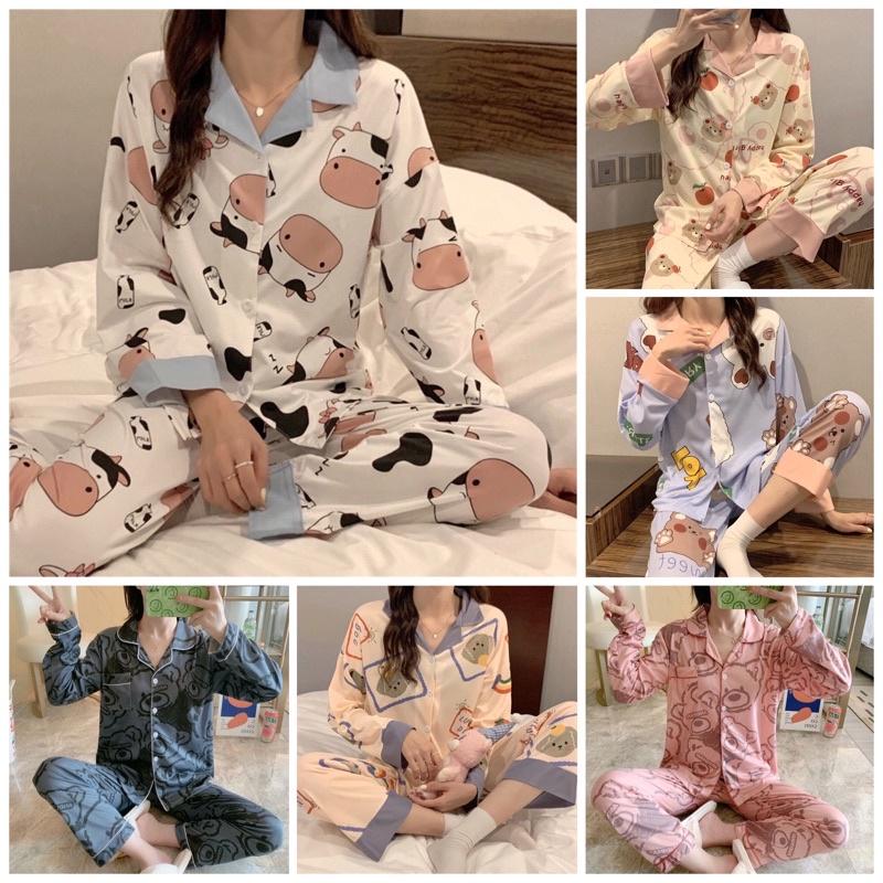 Bộ Ngủ Pijama Nữ HÀNG CÓ SẴN Bộ mặc nhà, Bộ Đồ Ngủ Chất Liệu Cotton Sợi Tơ Sữa Dài Tay Họa Tiết Dễ Thương Cao Cấp