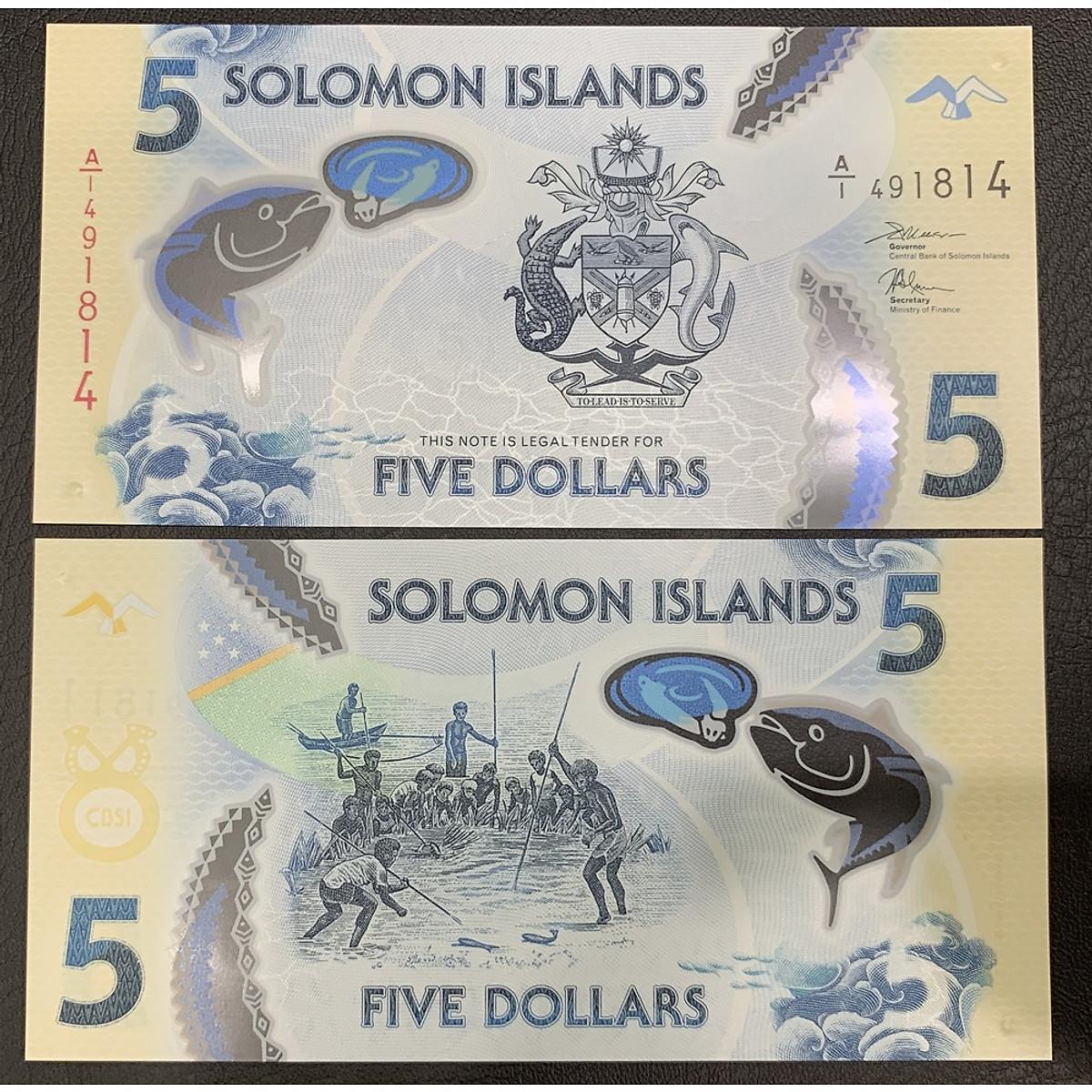 Tờ 5 Dollar của đảo quốc Solomon bằng polyme , tiền châu Úc , Mới 100% UNC  - The Perth Mint