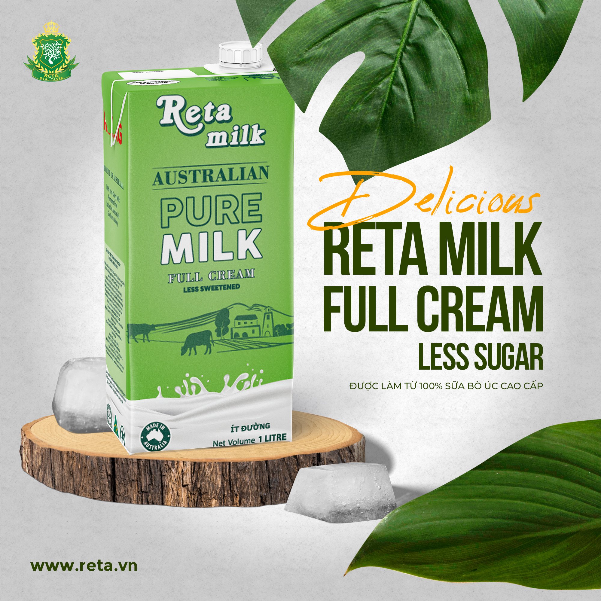Sữa tươi tiệt trùng nguyên chất ít đường - Reta Milk 1L