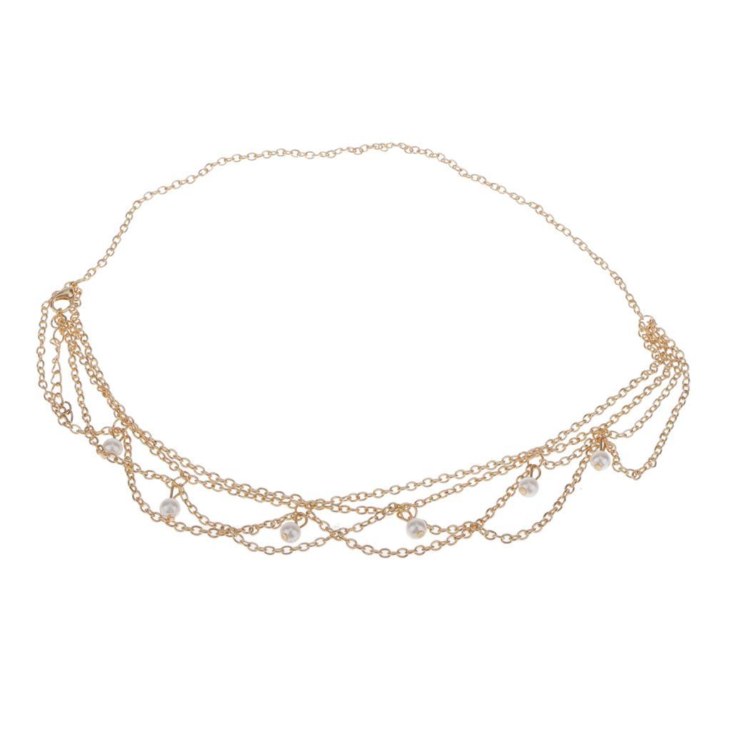 Women Charming Gold Layered Faux Pearl Hairband Head Chain Hair Accessories Jewelry