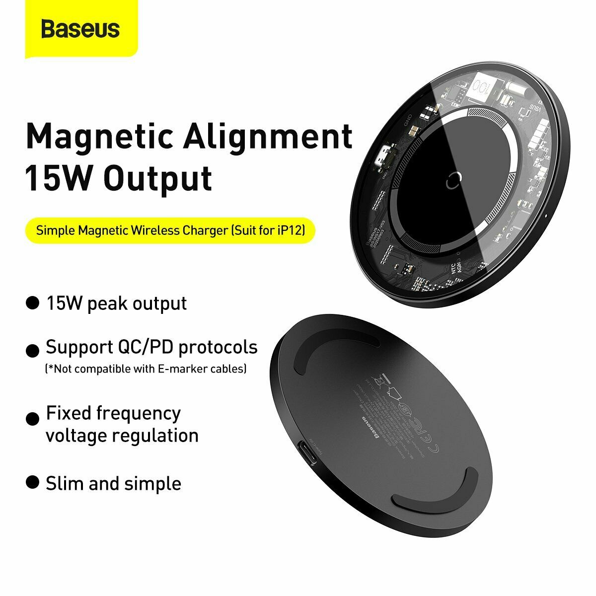 Đế sạc từ tính IP12, Đế sạc  nam châm 15W, Đế sạc nhanh không dây siêu mỏng Baseus Simple Magnetic Wireless Charger 15W dùng cho iPhone / Samsung/ Huawei/ Xiaomi (Qi Wireless Quick Charge) - Hàng chính hãng