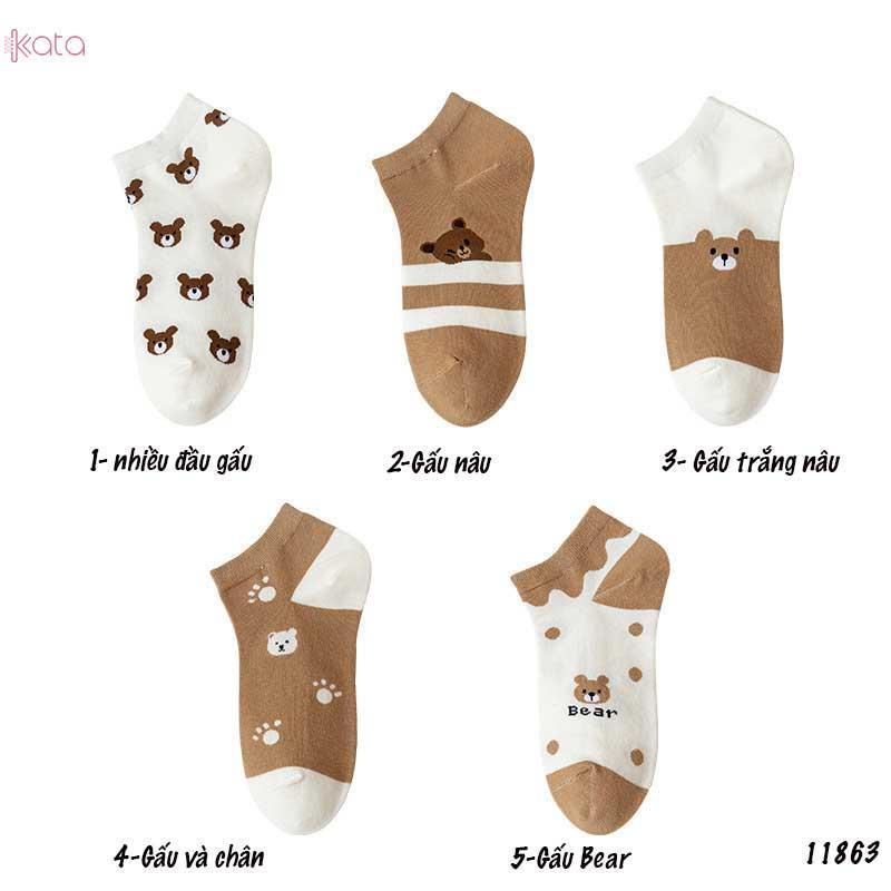 Tất nữ combo 5 đôi màu nâu trắng, hình gấu dễ thương - giao hình và màu ngẫu nhiên