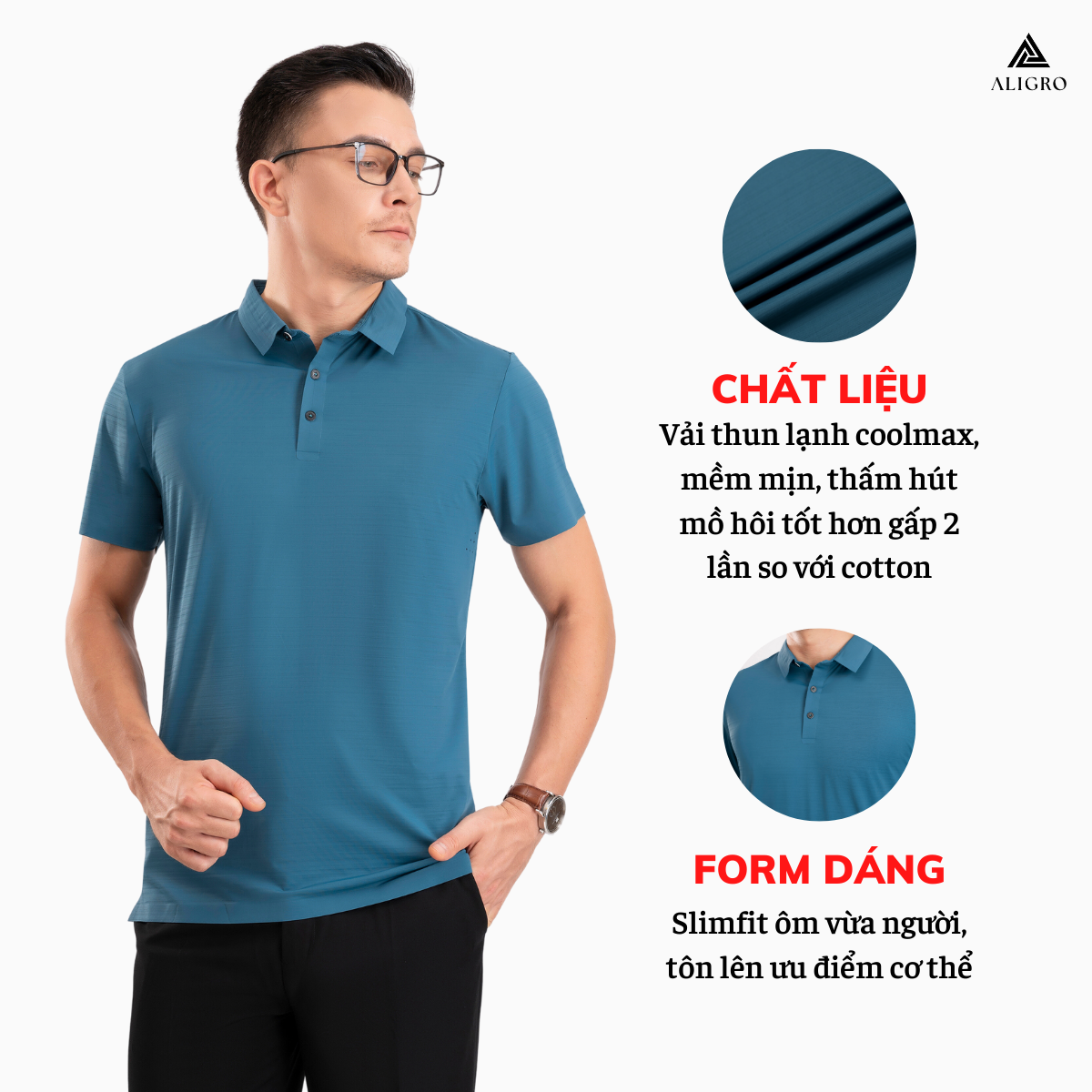 Áo polo golf nam ngắn tay ALIGRO chất vải coolmax màu xanh đậm trơn năng động ALGPLO121