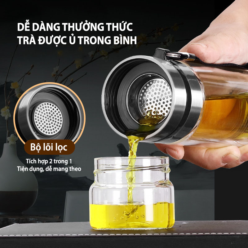 Bình Pha Trà Thủy Tinh 2 Lớp Chịu Nhiệt Lõi Lọc Inox 304 Kèm Quai Xách Tiện Lợi