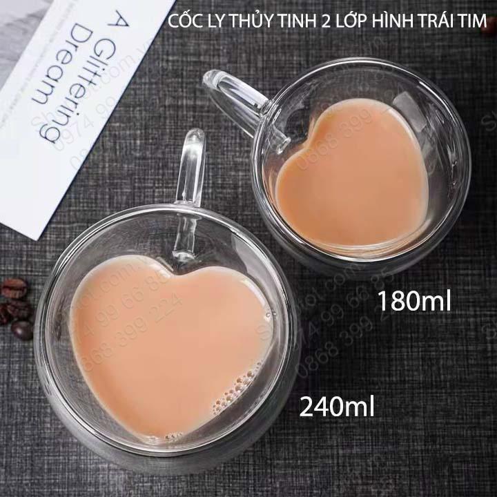 Ly tách thủy tinh 2 lớp hình trái tim, dùng uống cà phê, trà, sữa, loại 180ml-240ml tùy chọn