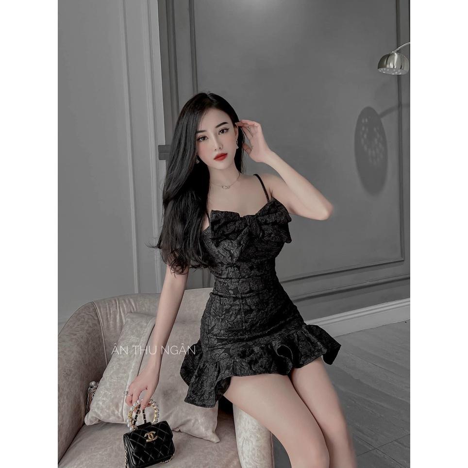 Đầm váy nữ gấm 2 dây phối nơ đuôi cá xinh xắn, sexy dành cho các tiểu thư đi chơi, dạo phố