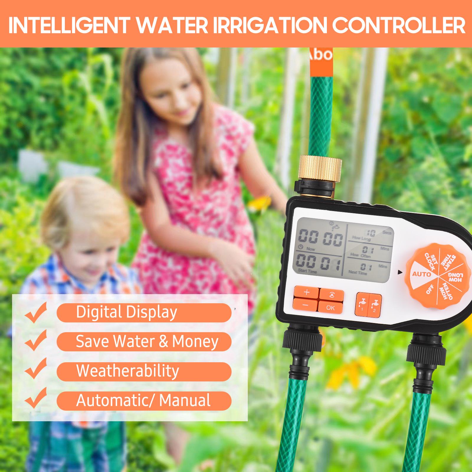 Digital Automatic Watering Timer with 2 Hose Connectors Programmed Garden Irrigation Timer Faucet Sprinkler Intelligent Irrigation Controller for Lawn Farmland Courtyard Greenhouse