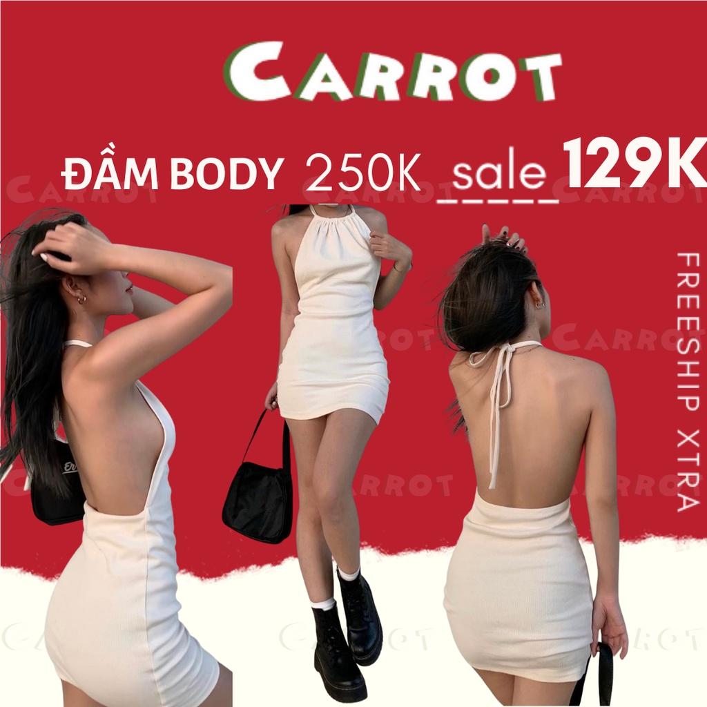 Đầm body sexy hở lưng hở eo váy ôm cổ yếm hở vai cột dây quyến rũ sang chảnh màu trắng thun gân carrotxinhdep