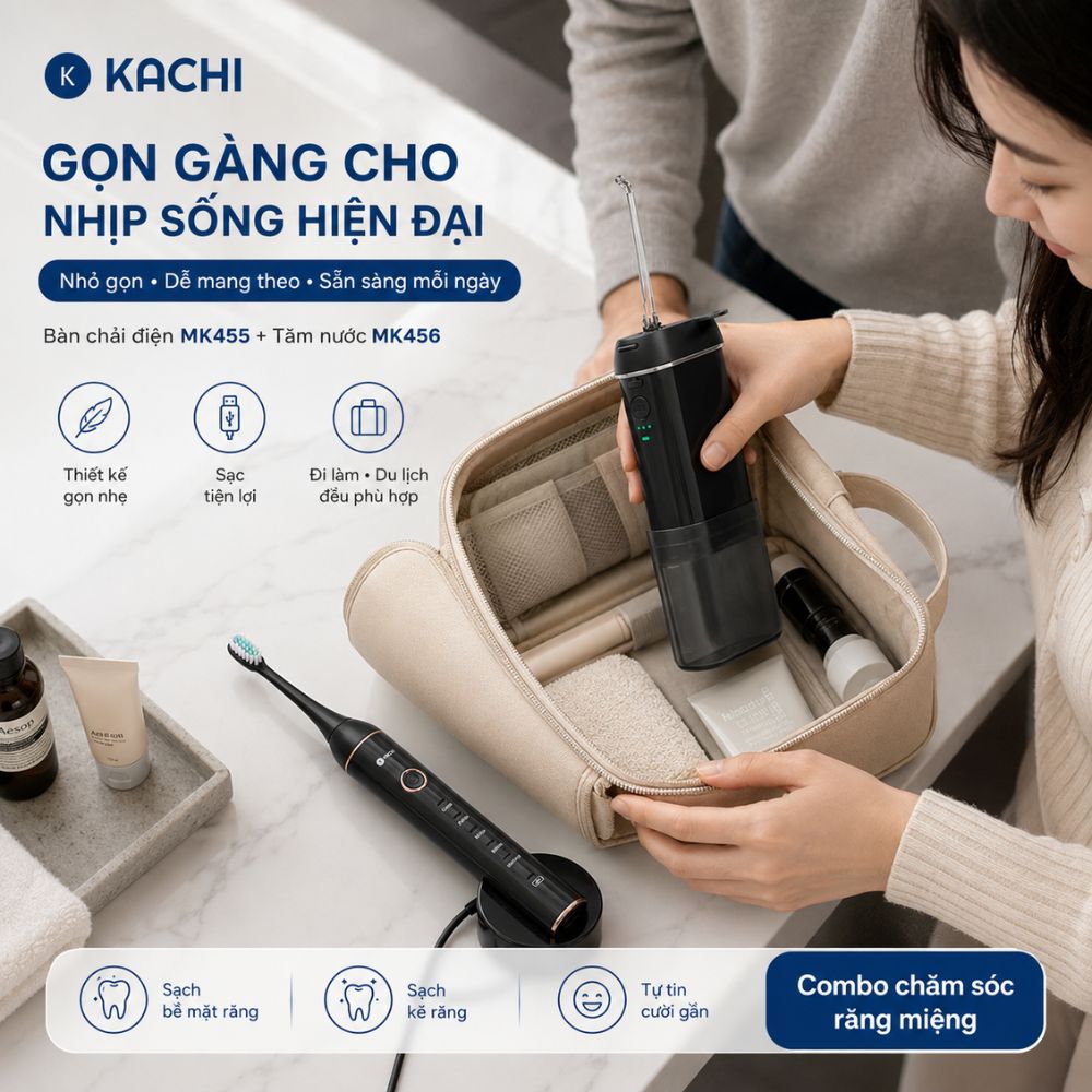 COMBO chăm sóc răng miệng toàn diện Kachi bàn chải điện làm sạch bề mặt răng + tăm nước làm sạch kẽ răng - hàng chính hãng