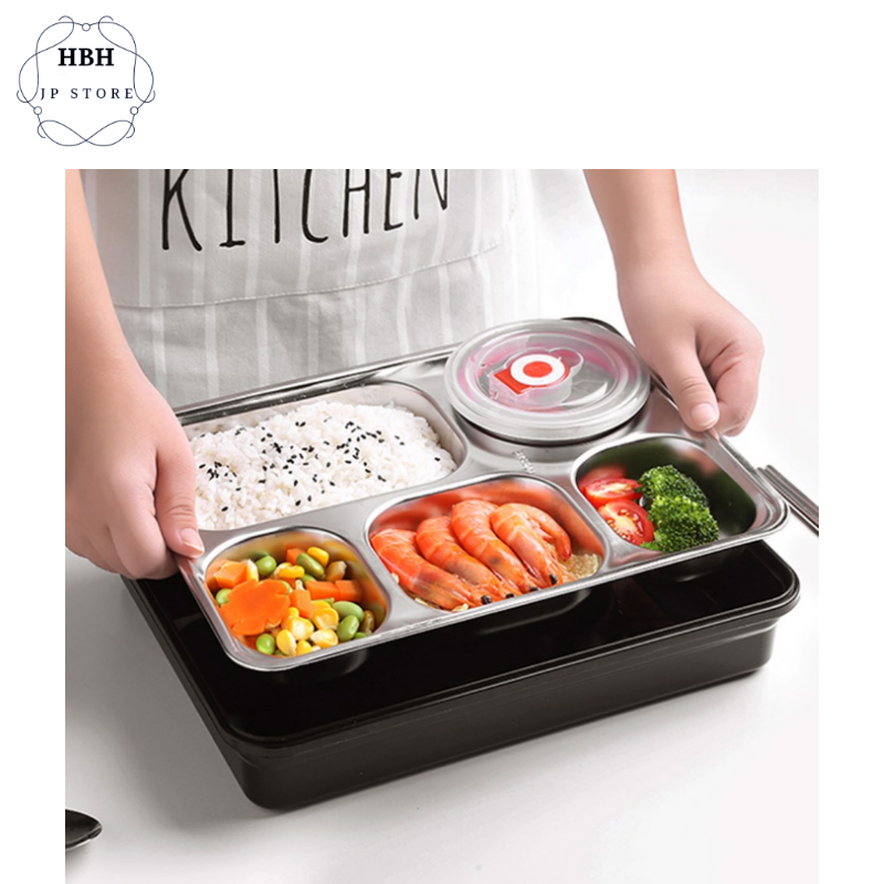 Khay Đựng Cơm Văn Phòng Inox 5 Ngăn Cao Cấp Có Nắp Đậy + TẶNG Kèm Bộ Đũa Thìa Và Bát Sứ